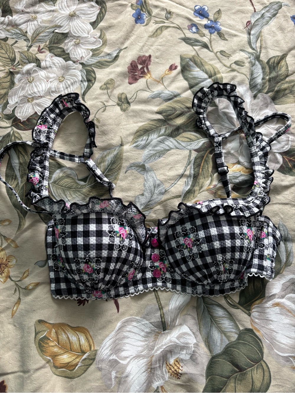 Black Gingham Floral Ruffle Bikini Top